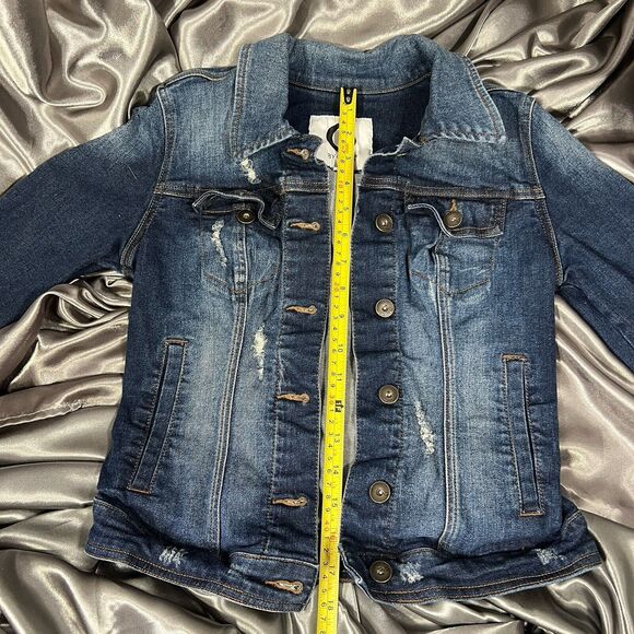 G By Guess Cropped Stretch Denim Jean Jacket Size S Holes Button Down Pockets - Picture 10 of 11